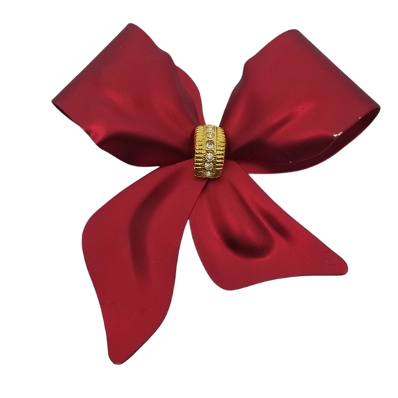 VINTAGE CHRISTMAS SATIN RED & GOLD RIBBON BOW BROOCH - Picture 1 of 4